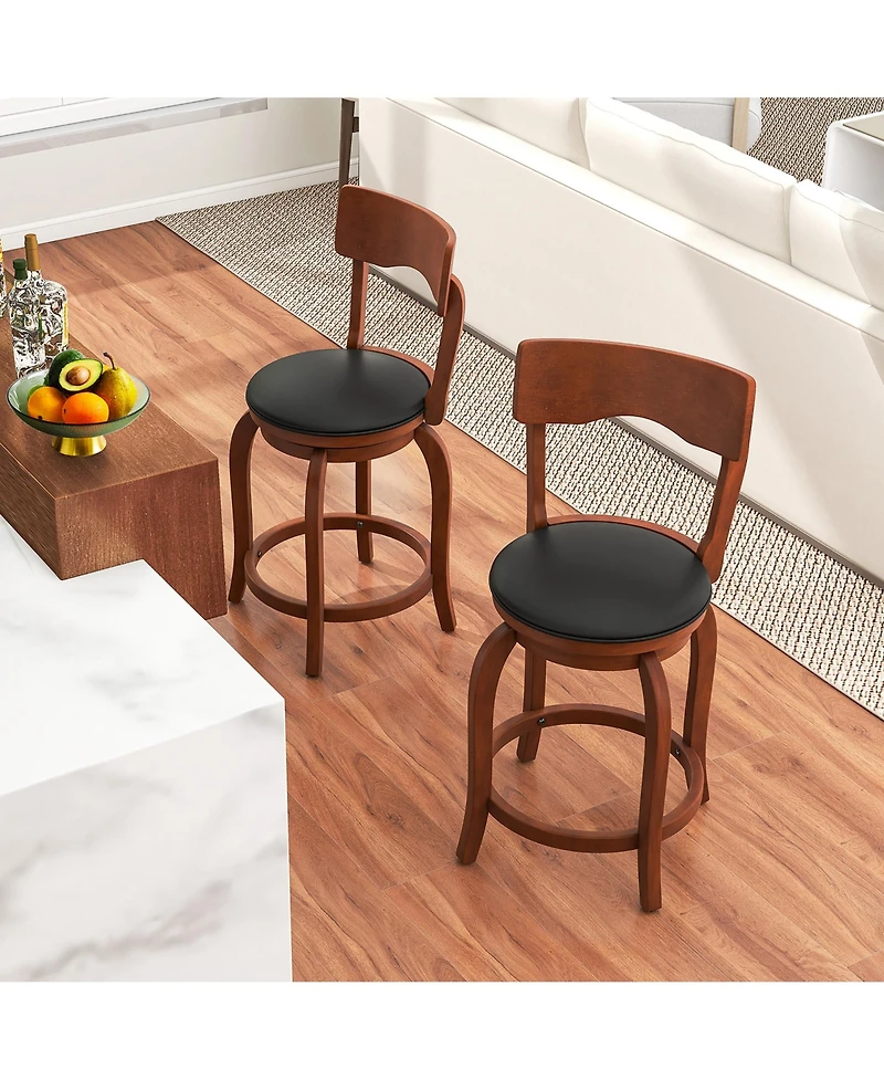 Gymax Swivel Bar Stools Set of w/ Rubber Wood Frame Upholstered Seat Footrest