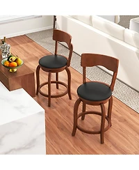 Gymax Swivel Bar Stools Set of w/ Rubber Wood Frame Upholstered Seat Footrest