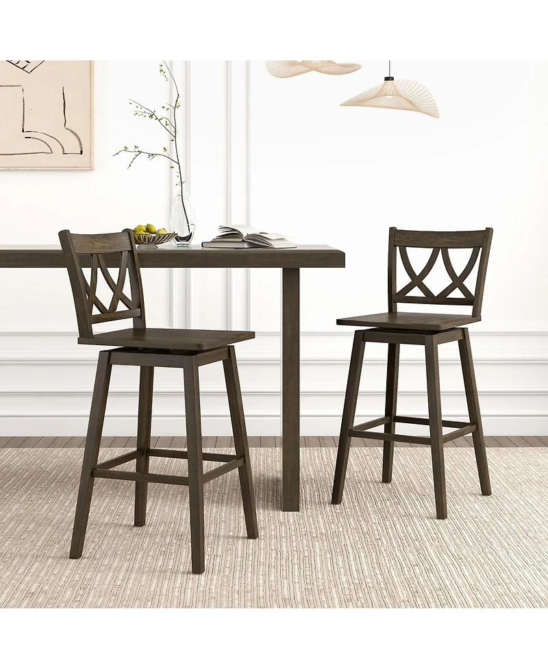 Gymax Bar Stool Set of w/Rubber Wood Frame Swivel Seat Ergonomic Backrest