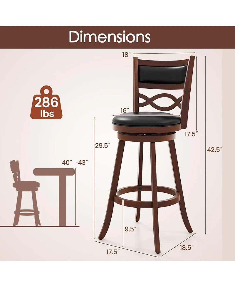 GymaxBar Height Stools Set of 2 w/Rubber Wood Frame Faux Leather Upholstered Seat