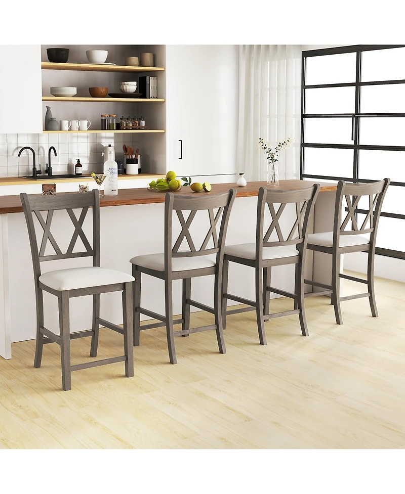 Gymax 4PCS Bar Stools Counter Height Stools w/ Linen Fabric Upholstered Seat