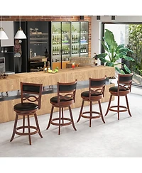 Gymax Bar Stools Set of 2 with Rubber Wood Frame Faux Leather Upholstered Seat