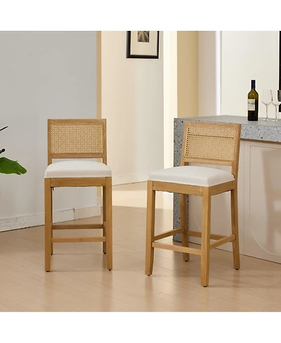 Maison Boucle Seat Solid Wood Rattan Back Bar Stools, Linen Cushion, Set of 2