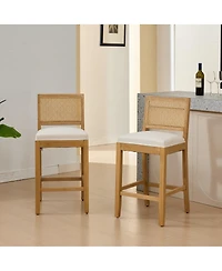 Maison Boucle Seat Solid Wood Rattan Back Bar Stools, Linen Cushion, Set of 2