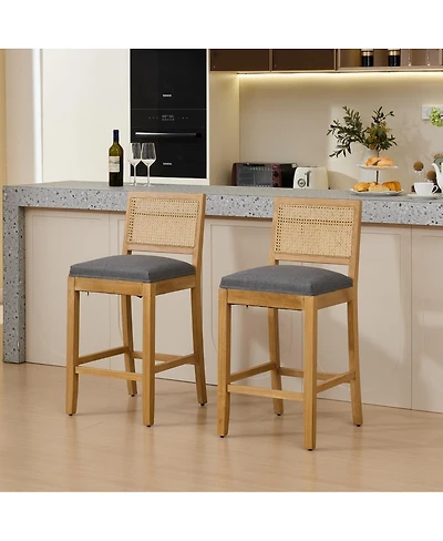 Maison Boucle Seat Solid Wood Rattan Back Bar Stools, Linen Cushion, Set of 2