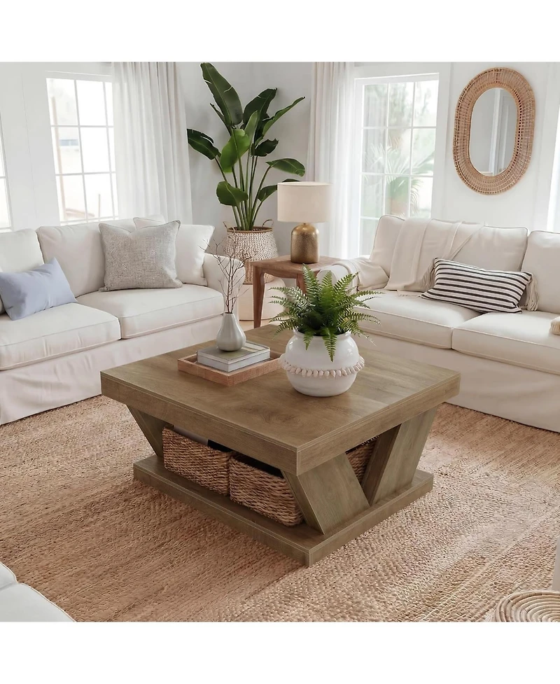 Tribesigns 2-Tier Rustic Wood Coffee Table, Farmhouse Square Coffee Table with Large Storage Shelf