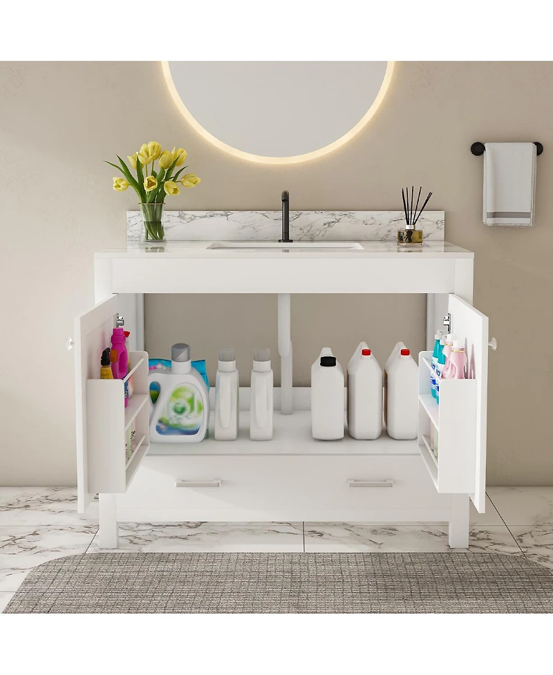 Sillysis Bathroom Vanity with Sintered Stone Carrara Top, Large Storage Drawer and Soft Close Doors