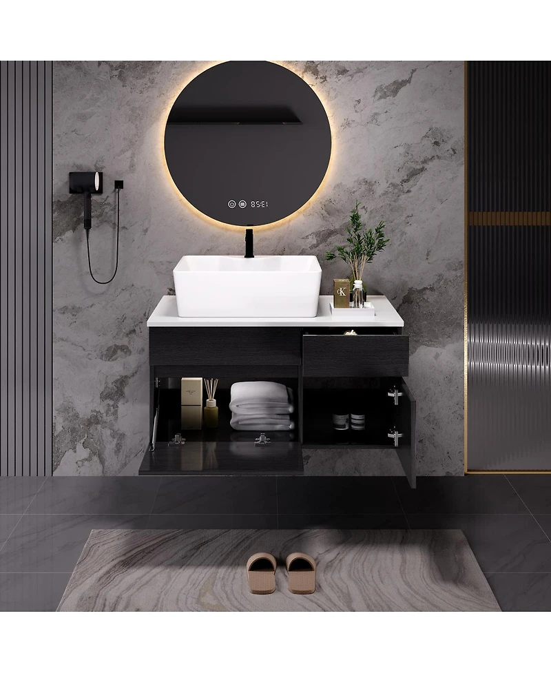 Sillysis Floating Bathroom Vanity with Vessel Ceramic Sink, Soft Close Drawer, Wall Mounted for Small Spaces
