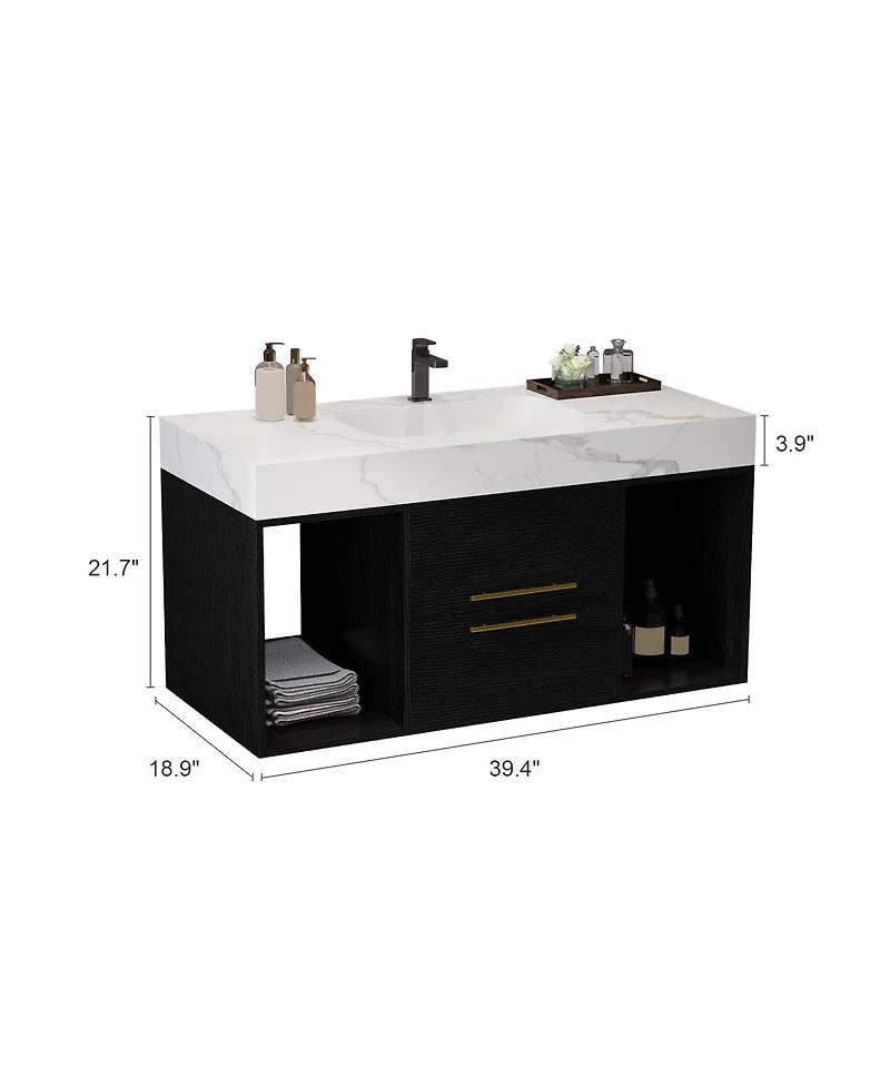 Sillysis Floating Bathroom Vanity with Ceramic Sink, Sintered Stone Top, 2 Soft Close Drawers, Wall Mounted Modern Cabinet