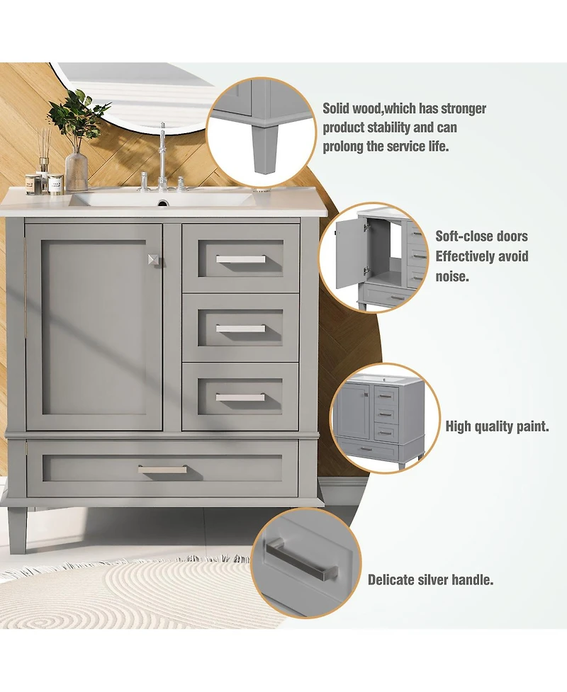 Sillysis Sage Green Bathroom Vanity with Ceramic Sink, Freestanding Solid Wood Mdf Cabinet, 3 Drawers Soft Close Door for Small Bathrooms