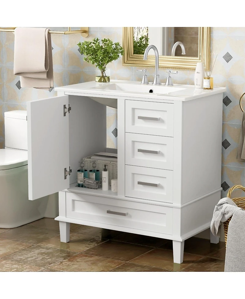 Sillysis Sage Green Bathroom Vanity with Ceramic Sink, Freestanding Solid Wood Mdf Cabinet, 3 Drawers Soft Close Door for Small Bathrooms