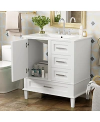 Sillysis Sage Green Bathroom Vanity with Ceramic Sink, Freestanding Solid Wood Mdf Cabinet, 3 Drawers Soft Close Door for Small Bathrooms