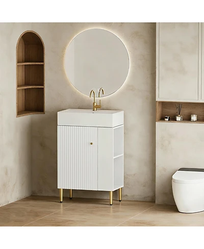 Sillysis Small Bathroom Vanity with Ceramic Sink, Modern Wood Base, Soft Close Door and Open Shelves for Compact Spaces