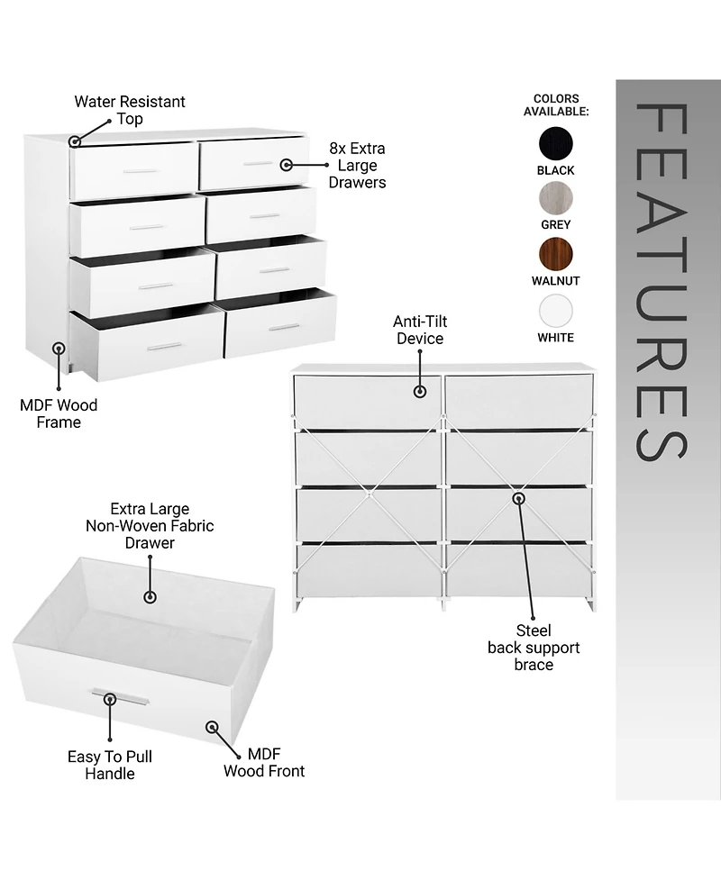 Flynama Modern 5 Drawer Dresser Wood Fabric Drawers Cabinet with Rattan Details