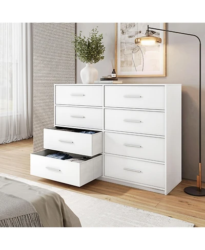 Flynama Modern 5 Drawer Dresser Wood Fabric Drawers Cabinet with Rattan Details