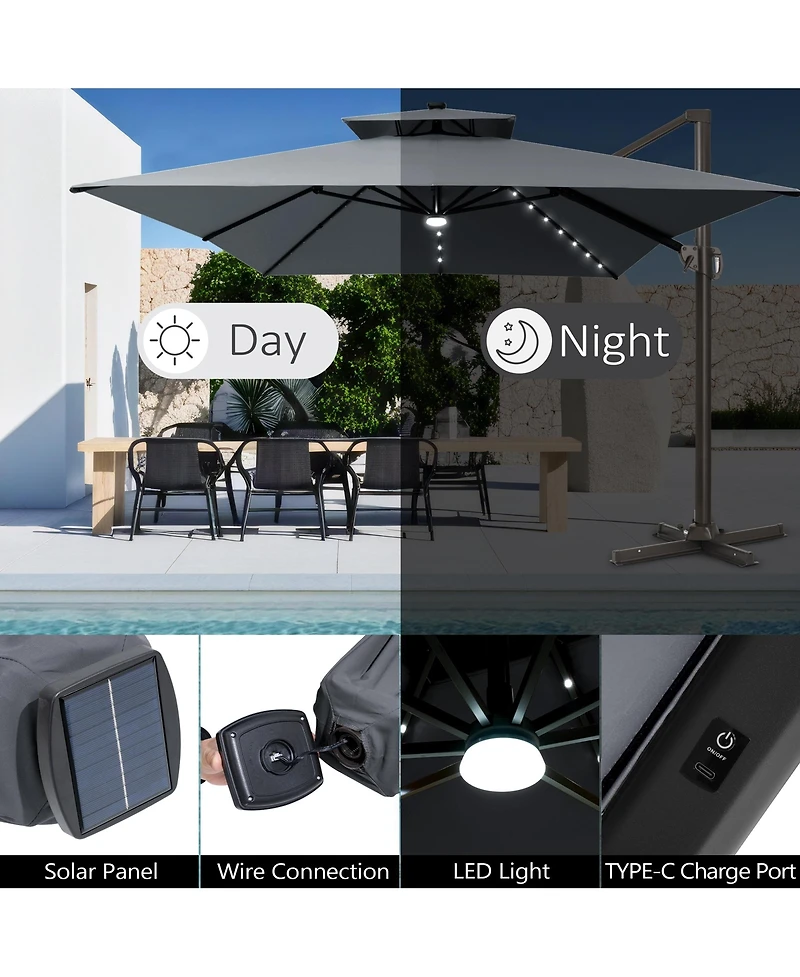 Pellebant Outdoor Patio 10X13FT Aluminum Double Canopy Led Solar Lights Cantilever Umbrella