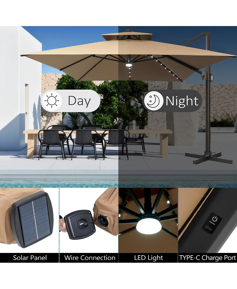 Pellebant Outdoor Patio 10X13FT Aluminum Double Canopy Led Solar Lights Cantilever Umbrella