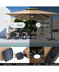 Pellebant Outdoor Patio 10X13FT Aluminum Double Canopy Led Solar Lights Cantilever Umbrella
