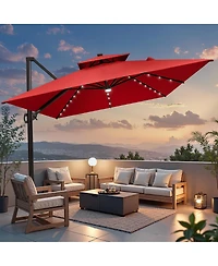 Pellebant Outdoor Patio 10X13FT Aluminum Double Canopy Led Solar Lights Cantilever Umbrella