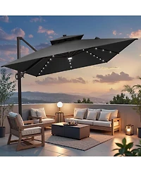 Pellebant Outdoor Patio 10X13FT Aluminum Double Canopy Led Solar Lights Cantilever Umbrella