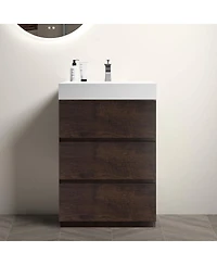 Sillysis 24" Walnut Freestanding Bathroom Vanity with Sink, Modern Melamine Bathroom Storage Cabinet without Faucet