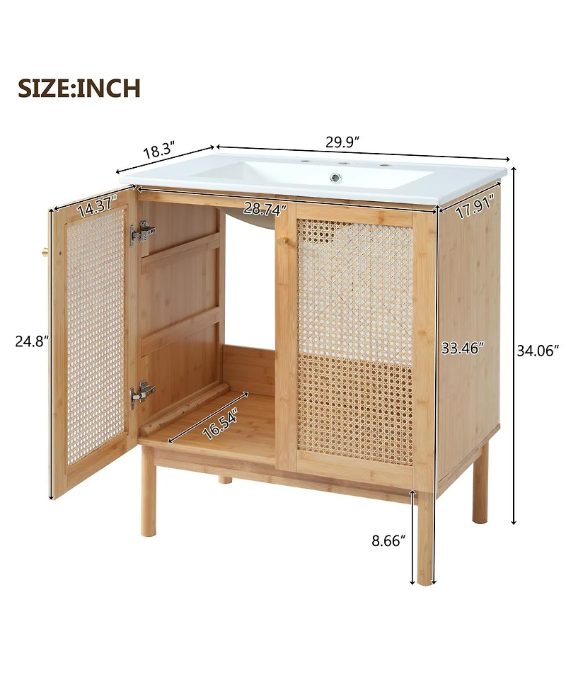 Sillysis 30"Bathroom Vanity with Ceramic Sink, Bamboo Frame & Rattan Doors, Ample Storage for Modern Small Space