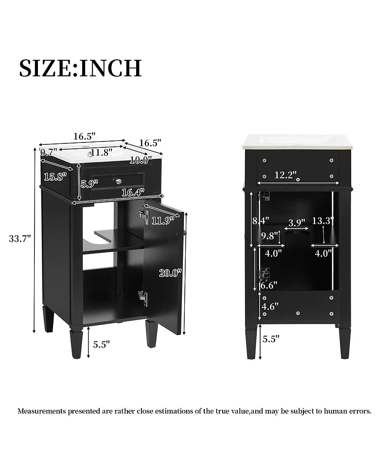 Sillysis 16 Inch French Modern Freestanding Bathroom Vanity with Ceramic Sink and Soft Close Door for Small Spaces