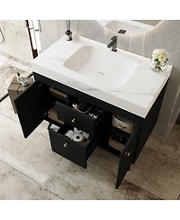 Sillysis Walnut Freestanding Bathroom Vanity with Sintered Stone Top, Ceramic Sink, Soft Close Storage, Stainless Steel Legs-Sillysis