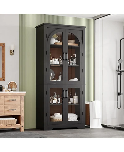 gaomon Kitchen Pantry Cabinet - 70" Tall Storage Cabinet with 4 Arched Glass Doors and Adjustable Shelves