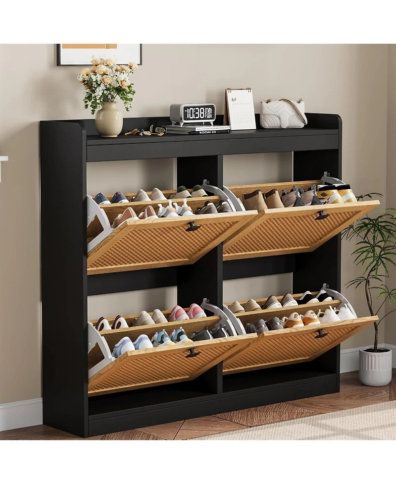gaomon Shoe Cabinet with 4 Deep Flip Drawers, Freestanding Wooden Shoe Storage Cabinet with Rattan Door and 3-Tier Adjustable Shelves
