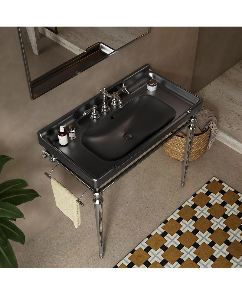 Sillysis 36" Bathroom Ceramic Sink Basin with 3 Faucet Holes, Rectangular Countertop Vanity Overflow for Modern
