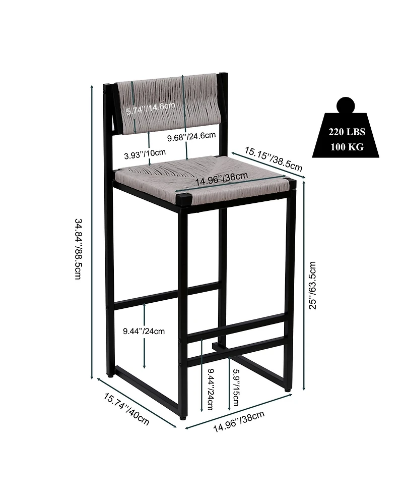 Rainsken Paper Rope Woven Bar Stools Set of 2, Modern Counter Height Chairs with Metal Frame and Footrest for Kitchen Island, Home Pub