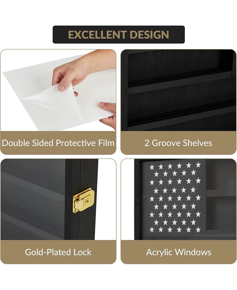 gaomon Challenge Coin Display Case,4-Row Wooden Challenge Coin Holder Display with Double-Groove Shelves,Lock&Acrylic Door for Military Medals, Casino