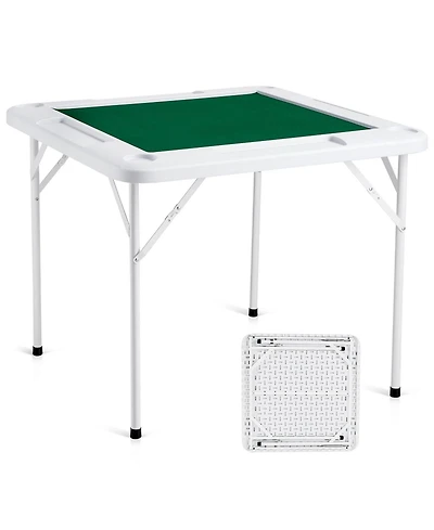 Mecale 35.4" Square Folding Mahjong Table for 4 Players, Wear-Resistant Green Top, Cup Holders & Chip Trays, Portable Game Table