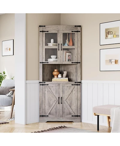 gaomon Farmhouse tall corner cabinet with glass door and adjustable shelves-stylish storage solution for bathroom, living room, or kitchen.