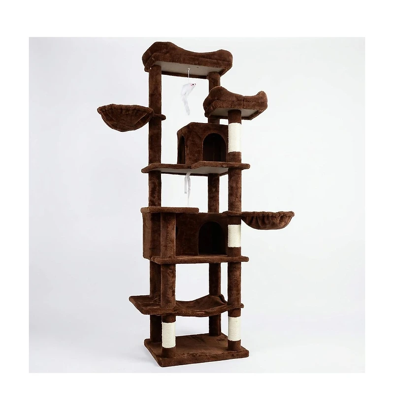 Zeus and Ruta 68 Inch Tall Multi Level Green Cat Tree with Hammocks Hanging Basket Cat Cave Removeable Cushion Scratching Posts