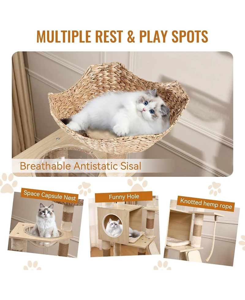 gaomon Cat Tree with Litter Box Enclosure, Hidden Washroom Litter Box Tree with Sisal Scratching Post and Soft Plush Perch, Wooden Cat Furniture