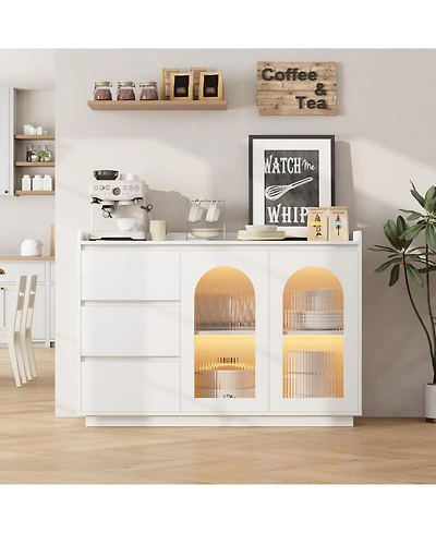 Gaomon 48" modern coffee bar buffet cabinet with 3 drawers, glass doors, and 3 color Led lights-stylish storage for any kitchen or dining space.