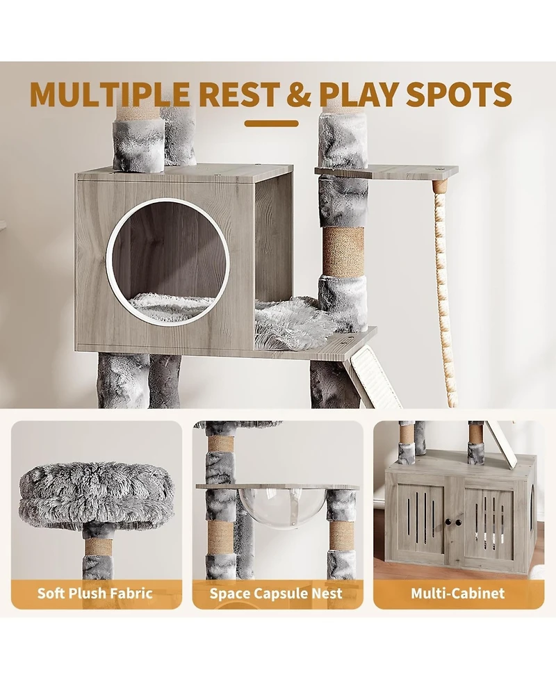 gaomon Cat Tree, 66.9-Inch Cat Tower with Litter Box Enclosure, with Hammock, Washable