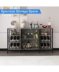 gaomon Farmhouse Wine Bar Cabinet with Rack and Glass Holder, Industry Coffee Led Light, Metal Sideboard Liquor Table Cabinet,Mesh