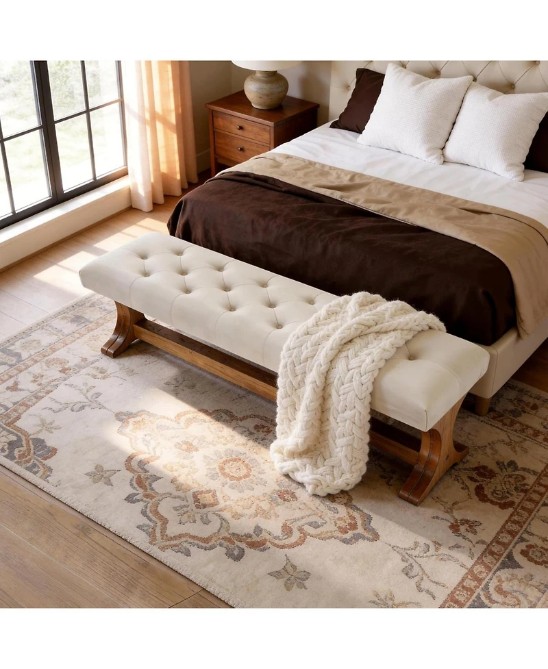 Tribesigns 55" Upholstered End of Bed Bench, Solid Wood Tufted Entryway Bench, Farmhouse Ottoman with Cushion