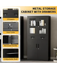 gaomon 71 Inch Tall Metal Garage Storage Cabinet with Glass Doors, 2 Lockable Drawers, 2 Adjustable Shelves, Lockable Steel Doors