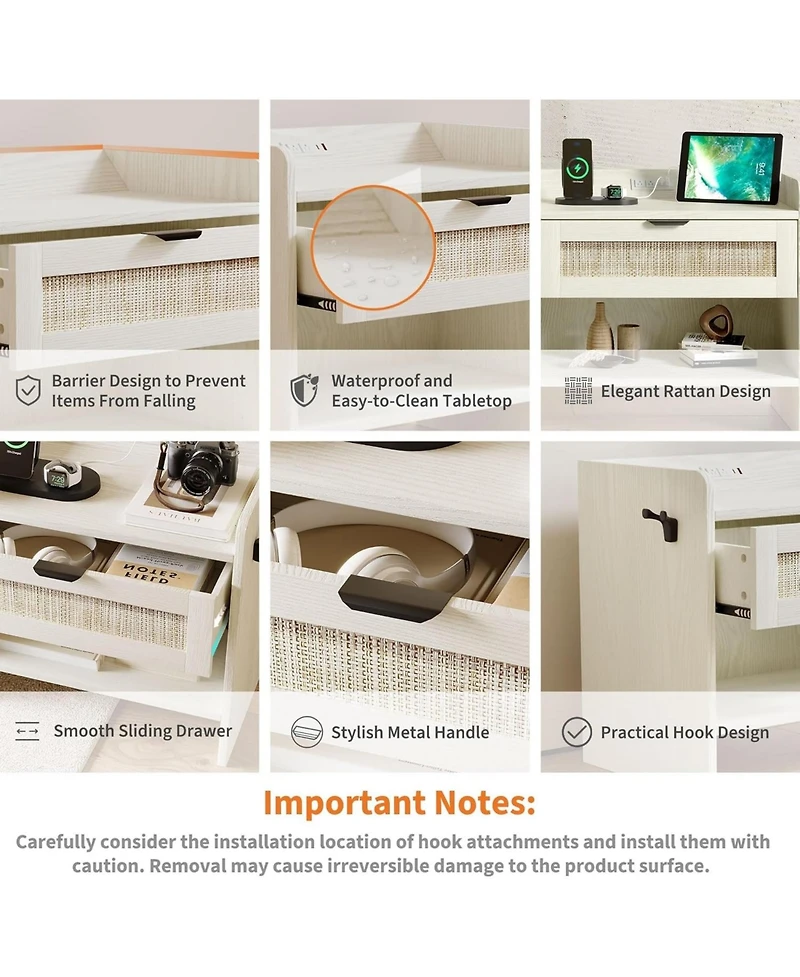gaomon rattan bedside nightstand with 1 drawer, modern storage cabinet with charging station, ideal bedroom organizer.