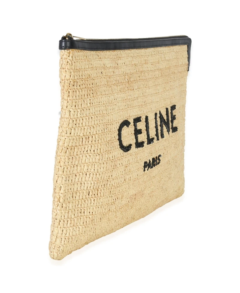 Pre-Owned Celine Beige Raffia Sequin Logo Clutch
