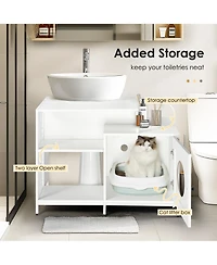 Zeus and Ruta Hidden Litter Box Enclosure with Divider for Bathroom White Indoor Cat House Furniture for Large Cats