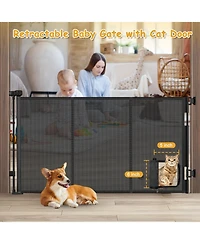 Aronkl Retractable Pet Gate with Cat Door Mesh Dog for Indoor Outdoor Use