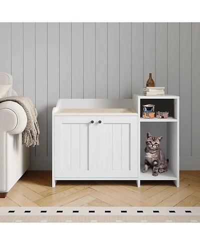 gaomon Wooden Cat Litter Box Enclosure with Storage Shelf & Barn Door, Hidden Indoor House End Table