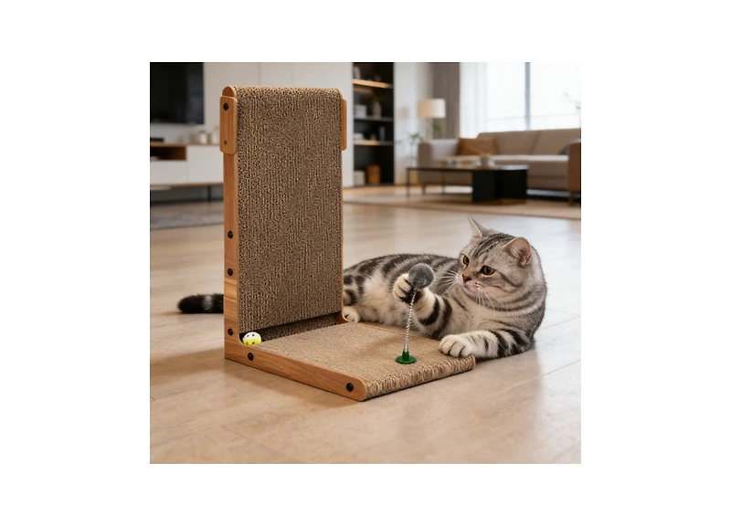 Zeus & Ruta Indoor Cat Scratching Board with Corrugated Cover, Bell, and Interactive Toy