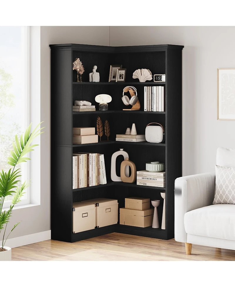 gaomon 72.8" Tall 5-Tier L-Shaped Wooden Corner Bookshelf with Open Storage