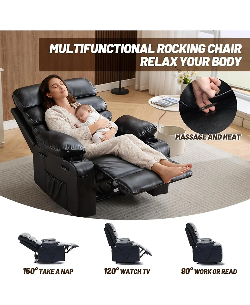 gaomon Pu Leather Recliner: Extra-wide manual recliner with massage, heat, and 1.5× plush arm/back support for ultimate living-room comfort.